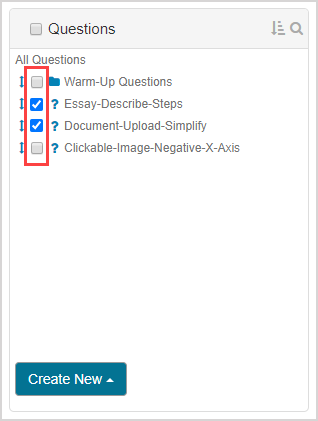 Checkboxes are selected for some questions listed in the Questions pane.